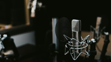 macro photography of silver and black studio microphone condenser